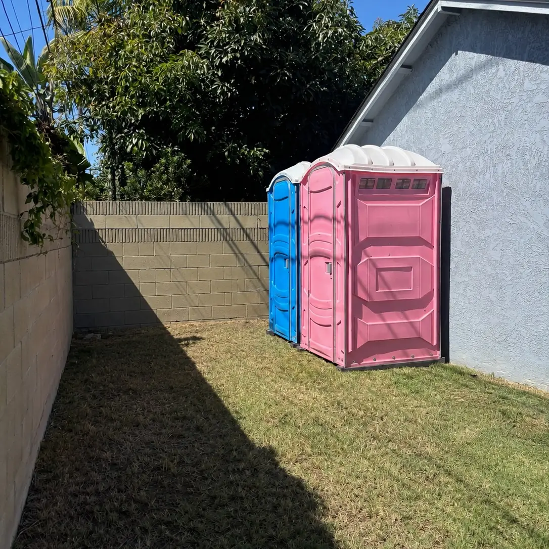 Pink and blue portable toilets set up on the grass beside a backyard fence