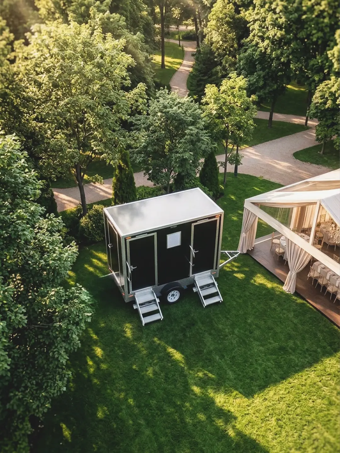 Restroom trailer beside a wedding tent on a lawn